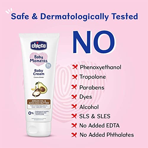 Image of Chicco Baby Moments Baby Cream for Babies with Argan Oil & Avocado Butter, 200g| Natural Ingredients for Hydrated Skin | Dermatologically Tested | Phenoxyethanol, Parabens & Lauryl sulphates free