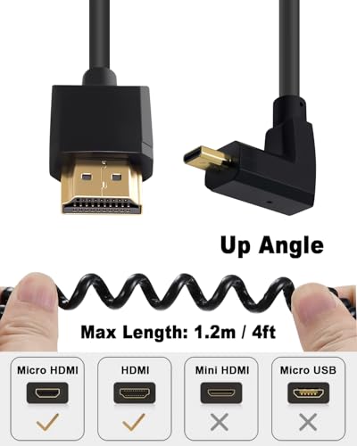 Image of Duttek 4K 90 Degree HDMI to Micro HDMI Coield Cable 1FT-4FT, Extreme Slim UP Angled Micro HDMI Male to HDMI Male Coiled Cable for 1080P, 4K, Ultra HD, 3D