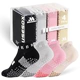 4 Pairs Non-Slip Pilates Socks for Women,Yoga Socks with grips,Ankle Grippy Socks for Barre,Hospital,Gym,Fitness,Dance,Home,Barefoot,Black,Gray,Pink,Off White,Unisex,Anti skid,Comfortable&Breathable