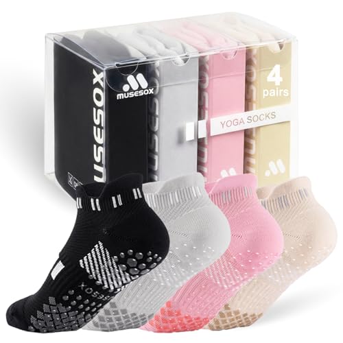 4 Pairs Non-Slip Pilates Socks for Women,Yoga Socks with grips,Ankle Grippy Socks for Barre,Hospital,Gym,Fitness,Dance,Home,Barefoot,Black,Gray,Pink,Off White,Unisex,Anti skid,Comfortable&Breathable
