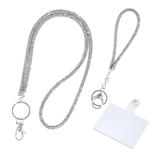 Juego de 2 cordones de cristal de estrás, cordeles cortos y largos, llaveros brillantes con llavero, cordones para colgar tarjetas de identificación, teléfono móvil