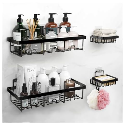 YAWSOUP Shower Caddy Shelf with Hooks Storage Rack Organizer,Can be Wall-Mounted Without Holes for Bathroom, Washroom,Restroom,Shower,4 Pack