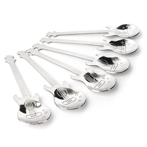 Framendino, Paquete de 6 cucharas de guitarra plateadas de acero inoxidable, cucharas de café expreso, cucharas musicales para remover postres