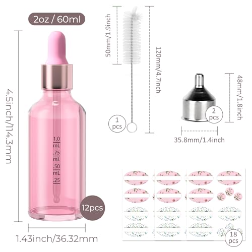 CycleMore 2 oz Pink Glass Dropper Bottles with Glass Scales, 12 Pack Tincture Bottles with Labels and Funnels for Perfumes, Essential Oils & Makeup2