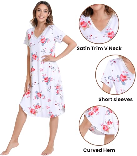 Image of NACHILA Nightgowns for Women-Viscose Made from Bamboo, V Neck Sleepshirts Short Sleeve Sleepwear Cool Nightshirt