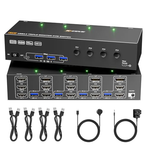 KVM Switch 3 Monitors 4 Computers 4K@60Hz,EDID Simulation,KVM Switch Triple Monitor for 4 Computer Share 3 Monitor and 4 USB3.0 Ports Keyboard Mouse Printer, Wired Remote and 4 USB Cables Included