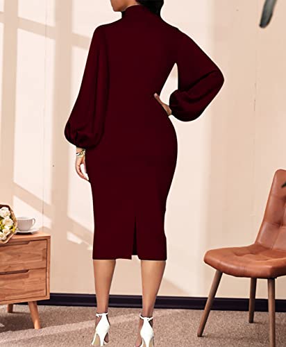 Image of Sexy Long Sleeve Dress for Women Solid Color Bow Knot Turtleneck Formal Gown Midi Casual Church Dresses