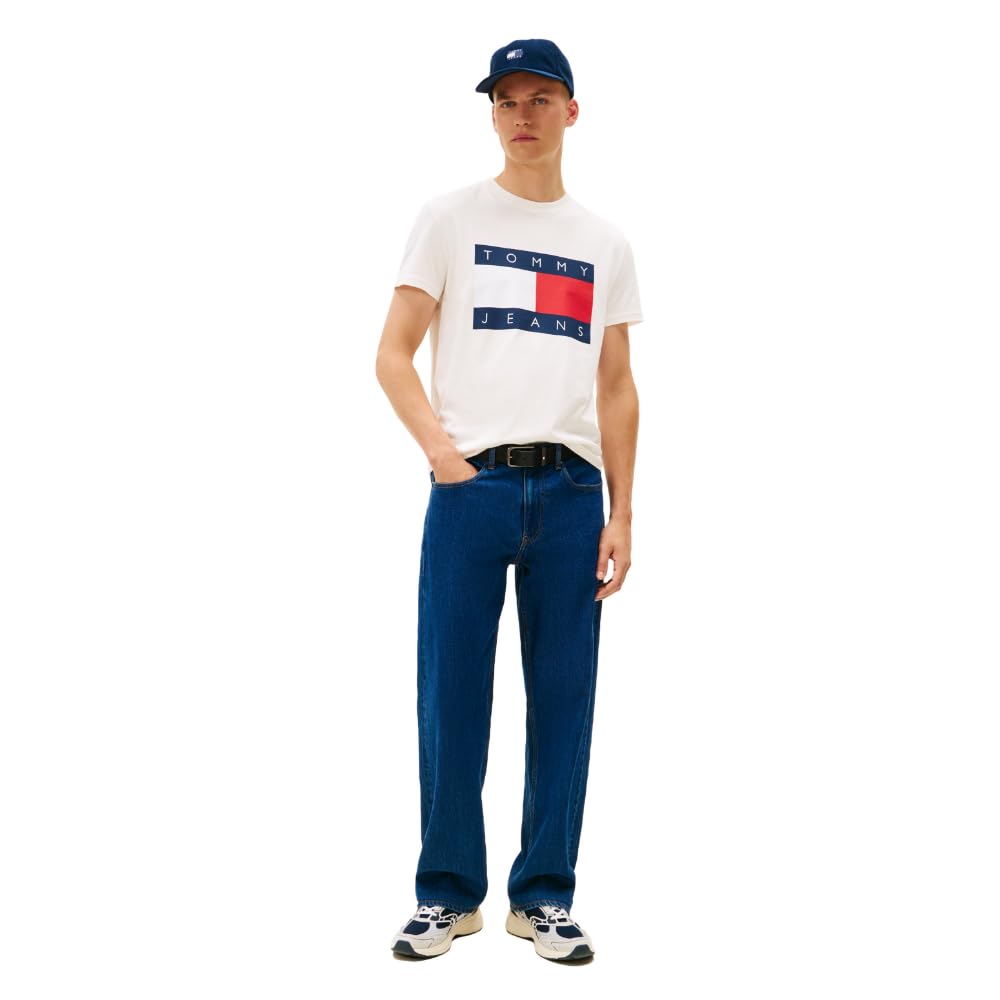 Tommy Jeans Short Sleeve Cotton Graphic T-Shirts with Big Flag Logo Design Camiseta gráfica de algodón de Manga Corta con Gran Bandera Logo Design Hombre (Pack de 1)
