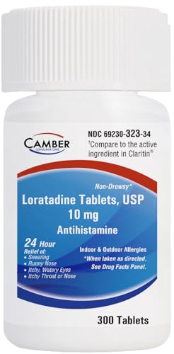 Camber Consumer Care Loratadine 10mg Allergy Pills, Antihistamine 24 Hour, Non Drowsy Allergy Relief (300 Tablets)
