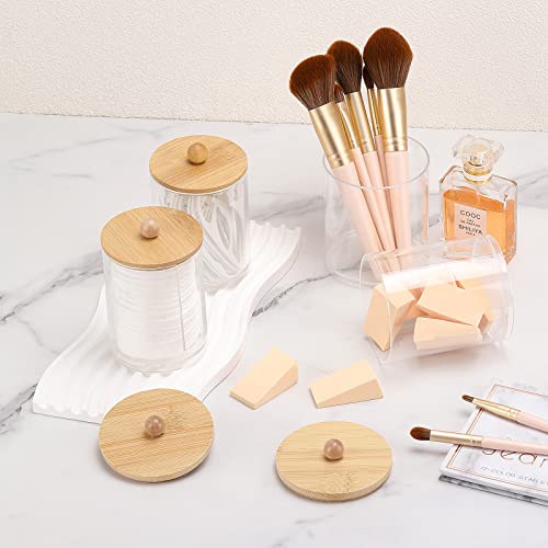 Image of Tbestmax 4 Pcs Qtip Holder Dispenser for Cotton Ball, Cotton Swab, Floss - 10 oz, 12 oz Clear Apothecary Jars with Bamboo Lids, Restroom Bathroom Organizers and Storage Containers