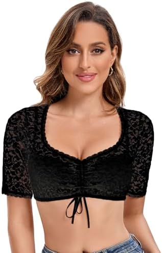 Goxozzy Dirndl Bluse Damen Oktoberfest Trachtenbluse Elegant Spitze Kurzarm Weiß Schwarz Größen 34-44