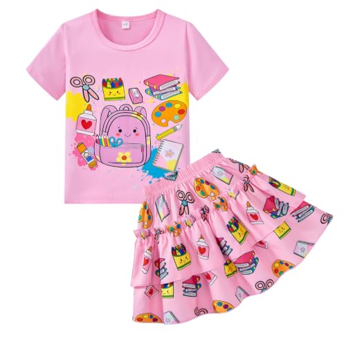 Image of Little Girls Skirt Set - 2 Piece Short Sleeve Top Shirred Tiered Skirt Outfit Girls Spring Summer Clothes 3-8 Years