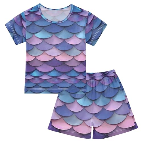 ALAZA Mermaid Fish Scales Blue Pajamas Short Sleeve 2 Piece Sleepwear Top and Bottom Pajama Set Unisex