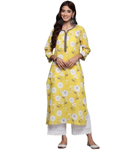 Kurta droite Varanga jaune avec broderie de fil élégante pour femme