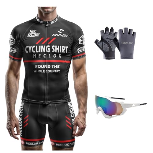 HECLOK Maillot de Cyclisme Homme Respirant + Short de Course avec Coussinet - Tenue Vélo Sportive Été - Ensemble VTT Route - Tissus Anti-Transpiration -...
