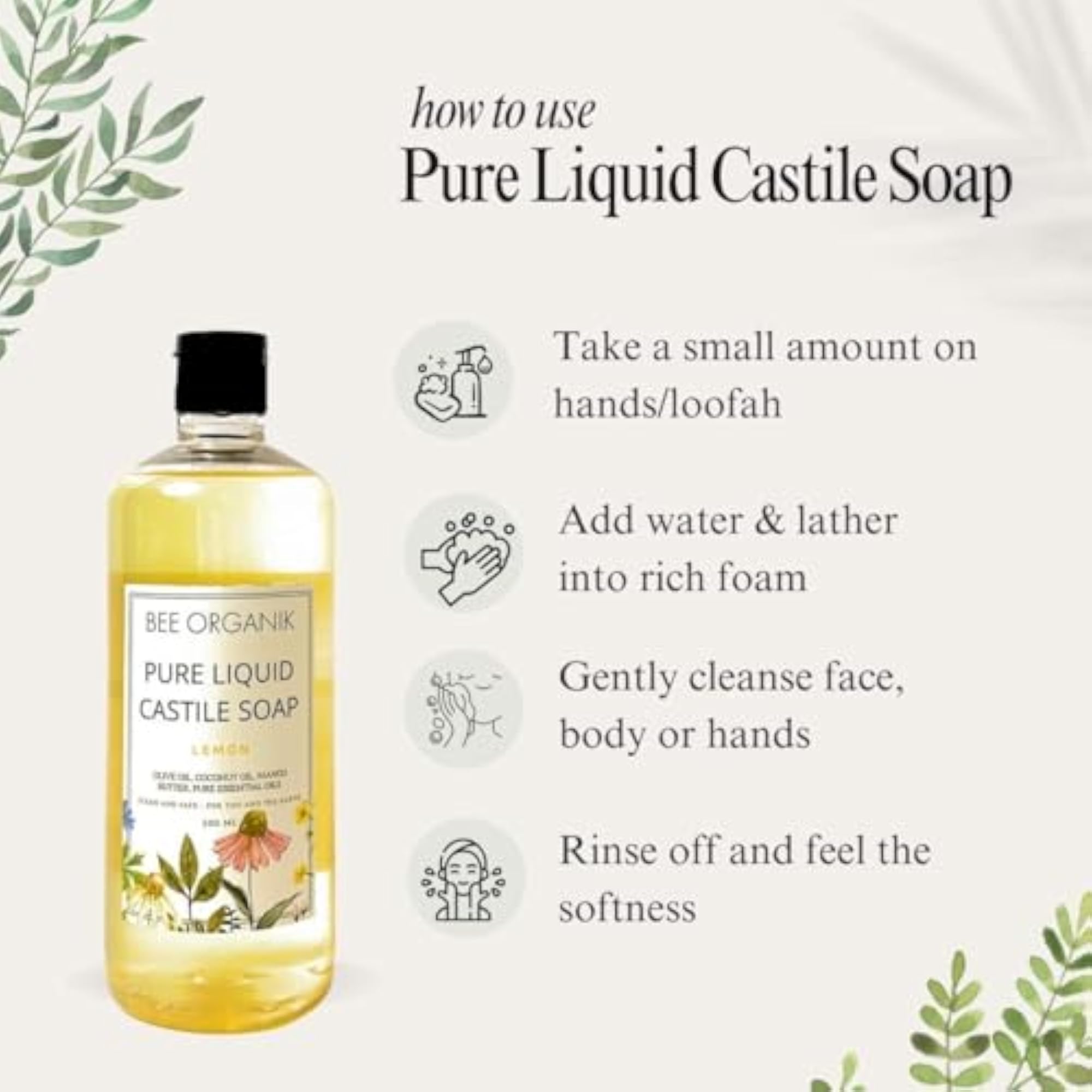 Lemon Pure Liquid Castile Soap, All Natural & Organic