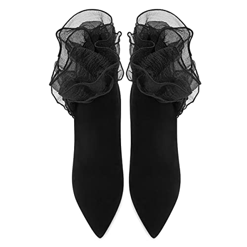 FSJ Women Cut Silk Flowers Pointed Toe High Heels Ankle Booties Stiletto Heeled Slip On Faux Suede Evening Party Dress Ruffle Boots Size 4-15 US4