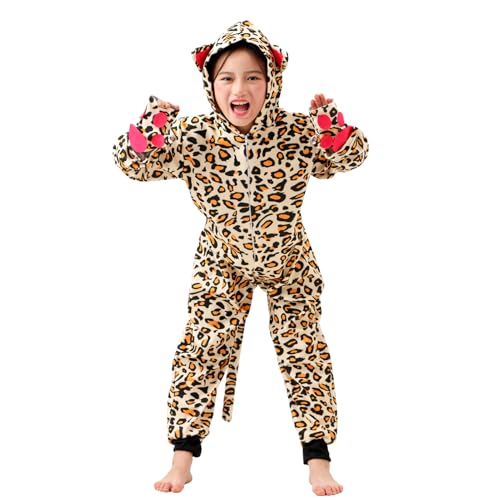 UPZAI Carnevale Costume Gatto Bambina: Vestiti Leopardo Bambina con Cappuccio e Guanti - Pigiama Animali Bambino per Carnival Cosplay Festa (Leopard, M)