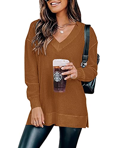 Farktop Suéter feminino de manga comprida, gola V, caimento solto, estilo túnica casual, Cor Caramel