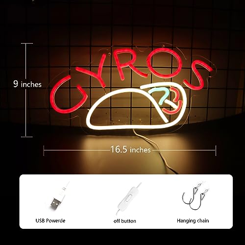 Image of GYROS Food Neon Signs for Wall Decor Neon Lights for Bedroom Led Business Signs Suitable for Greek Restaurants Canteen Dining Room Christmas 5V Power Adapter, 16.5 * 9 Inch(Red + White)