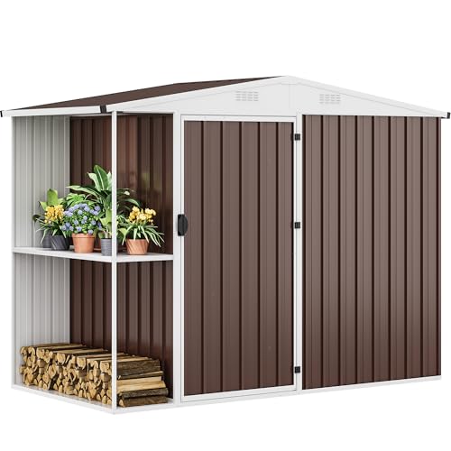 DWVO Outdoor Storage Shed 8x4FT with Rack, Metal Garden Shed with Storage Shelves, Bike Storage Tool Cabinet Box for Lawn Backyard Patio Use, Brown
