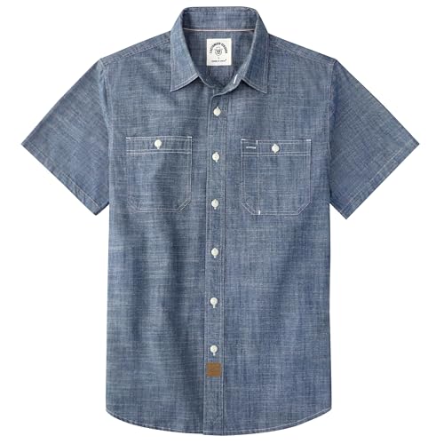 Dubinik® Mens Lightweight Chambray Short Sleeve Casual Shirt Denim Blue X-Large