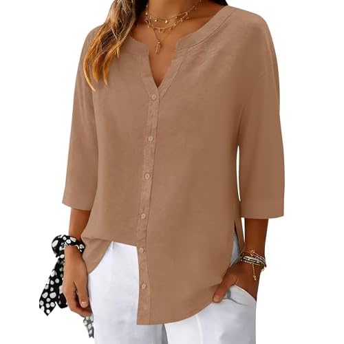 LOMON 3/4 Length Sleeve Womens Tops V Neck 3/4 Sleeve Sides Slit Button Down Shirts Cotton Linen Casual Loose Blouses