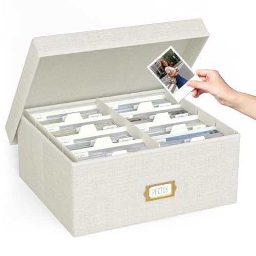 Decorative Photo Storage Box - Linen Photo Box Organizer with Dividers, Fits Holds Up to 1700 Pictures