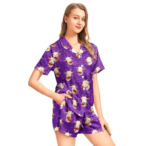 Image of Funny Pajamas for Women Set Print Satin Loungewear Pjs Short Sleeve Button Down Top and Shorts Sets Sleepwear XS-3XL