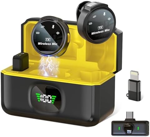 Microfone de Lapela Sem Fio Profissional com Base de Carregamento, Display LED, para iPhone/Android dispositivos com Lightning/USB-C,para vídeo, entrevista, vlog