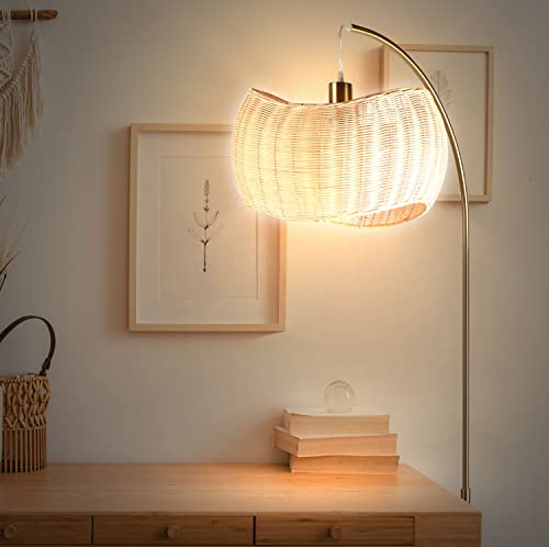 Brightech Wave Arched Floor Lamp – Unique Hanging Wicker Shade For Living Rooms – Rattan Style Matches Boho And Other Décor – Arcs Over Sofas And Dining Tables For Compliments - Brass #TOP7