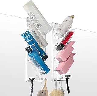 SBW Shower Rack Rust Proof Shower Organiser  Over Glass Hanging Hook, No DIY Skills Required - Store Bathroom Items On These Stylish Clear Plastic Caddies (2 Racks with Over Glass Hangers)