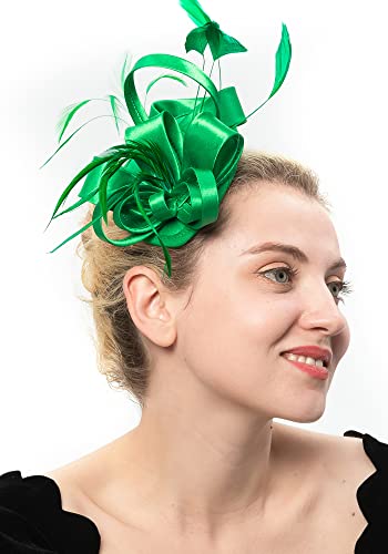 FELIZHOUSE Fascinator Hats for Women Ladies Feather Cocktail Tea Party Hats Bridal Headpieces Ascot Fascinator Headband (Satin Green) - Thumbnail 2