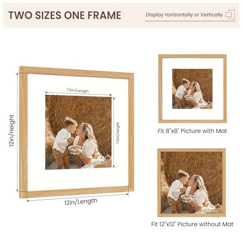 Image of FLYJOE 12x12 Oak Wood Square Picture Frame with Mat for 8x8, 12 by 12 USA-Sourced Natural Solid Wooden Photo Frame for Wall Display, Shatterproof Plexiglass, Hanging Hardware Included, 1 Pack, Natural