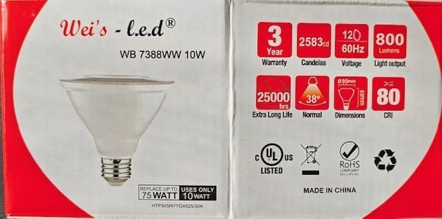 10W PAR30 LED Bulb Short Neck, 10 Watt (75 Watt Equivalent), Dimmable, 3000K Warm White or 5000K Daylight, 800Lumens, Medium (E26) Base, Indoor Use, Energy Star Certified, UL listed. (3000K, 6 Pack)