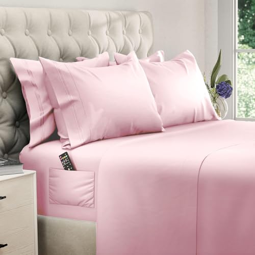 Image of DREAMCARE King Size Sheets Set - 6 pcs Breathable Cooling Sheets King Size | up to 21 inch Extra Deep Pocket King Sheet Set with Side Pockets - Extra Soft 100% Double Brushed Hotel Luxury Bedding - Pink