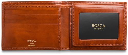 Image of Bosca Men's Italian Leather Bifold Wallet with Removable ID Passcase, RFID Blocking, 8 Card Slots, and Divided Currency Well - Made in Italy, Amber Tan