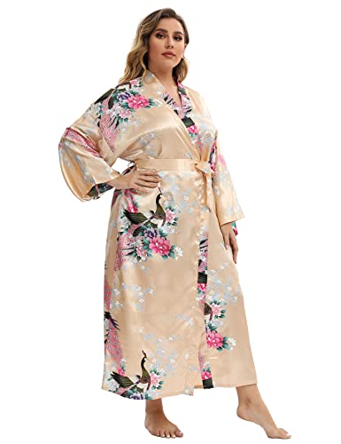 Image of Women's Floral Long Satin Robes Plus Size Long Silk Robes Peacock Floral Kimonos Sleepwear Dressing Gown