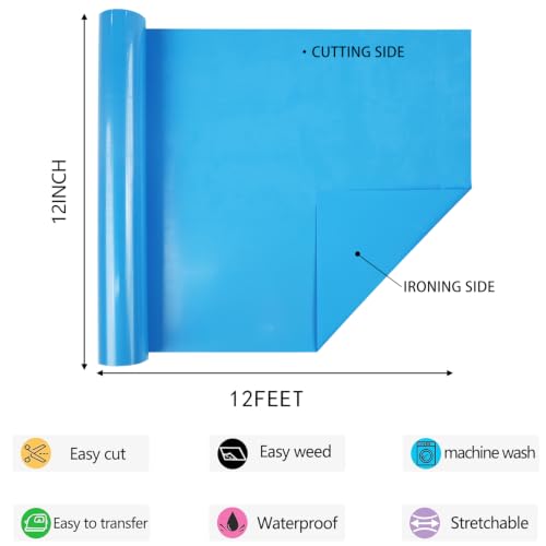 Image of HTV Iron on Vinyl 12Inch by 12ft Roll HTV Heat Transfer Vinyl for T-Shirt HTV Vinyl Rolls for All Cutter Machine - Easy to Cut & Weed for Heat Vinyl Design (Lake Blue, 12ft)
