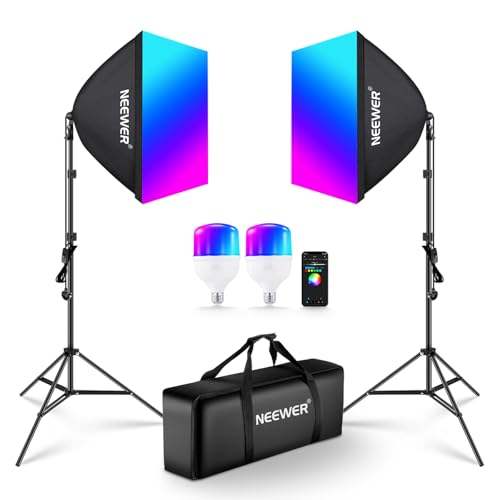 Neewer RGB Softbox Lighting Kit with App Control & 9 Effect Modes, 2 Pack 24W CE/UKCA Certified LED Bulbs CRI93+ TLCI98+, E27 Porcelain Sockets, 24 Softboxes, for Studio Photography Lighting, NK800