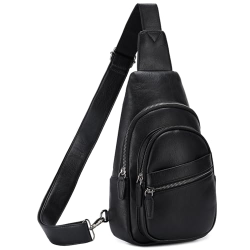 RAVUO Sling Bag, PU Leather Crossbody Backpack for Women Men Casual Hiking Daypack Multipurpose Chest Bag for Work College Black