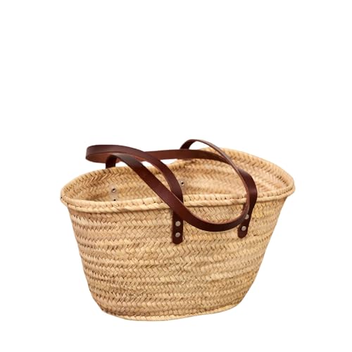 Cestería Aparici – Capazo de Palma Natural Hecho a Mano con Asas de Vaquetilla en Bandolera Marrón Oscuro - Bolso Capazo Artesanal para Mujer, Playa o Mercado PEQUEÑO (38x20x22) Ref. 5040-6