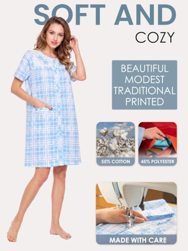 Image of Casual Nights Women's Snap - Front House Dress Short Sleeve Woven Housecoat Duster Lounger Robe with Pockets