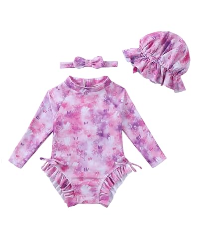 Image of Renotemy Baby Girls Swimsuit Drawstring Zip Bathing Suit Long Sleeve One-Piece Rash Guard Swimwear with Hat for Infant Girl