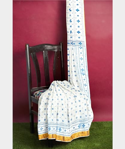 Image of eC ESHA'S COLLECTION Women's Kerala Cotton Floral Motif Printed Zari Bordered Tant Saree Without Blouse Piece