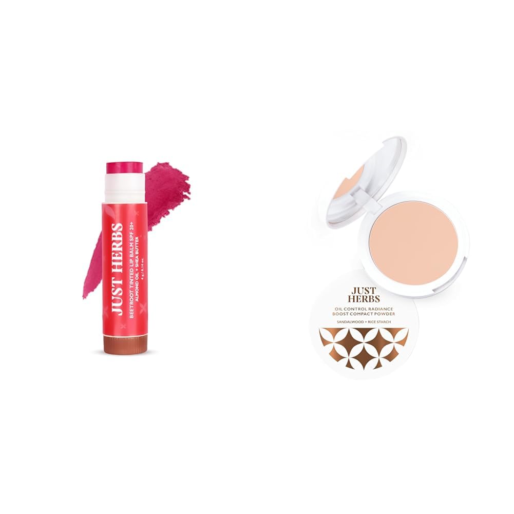 Just Herbs Tinted Lip Balm for Men and Women with SPF 20+ for Dark Lips to Lighten 4 g (Beetroot) & Just Herbs Oil Control Radiance Booster Age Defying Compact Powder for face Makeup 9g (Porcelain)-image-40