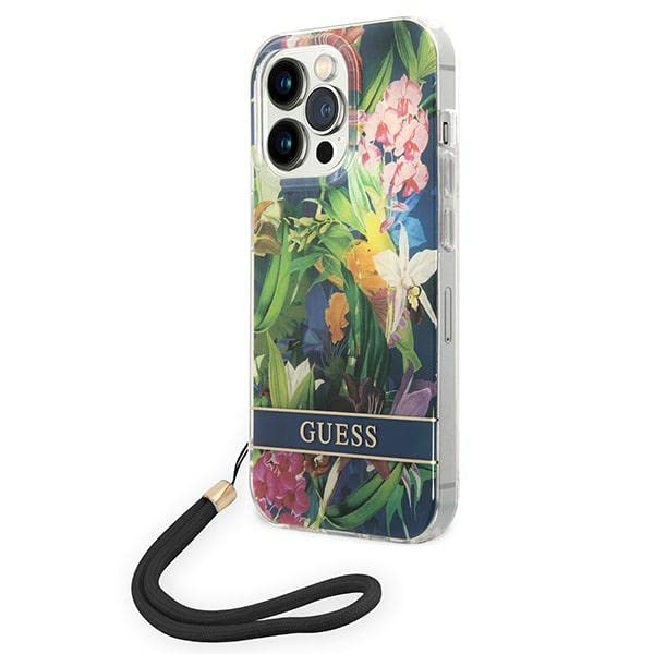GUESS GUOHCP14XHFLSB Coque pour iPhone 14 Pro Max 6,7" Bleu/Bleu Coque Rigide Sangle Fleur