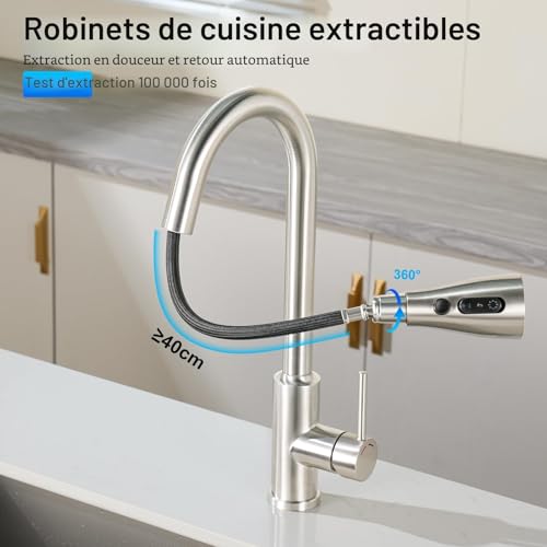 Robinet de cuisine haute pression rotatif 360 avec douchette 4 modes
