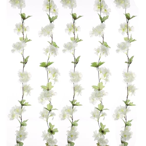 UUPP 2Pcs Artificial Cherry Blossom Flower Garland Silk Fake Hanging Flower Vines for Home Wedding Decoration 7.2FT, White