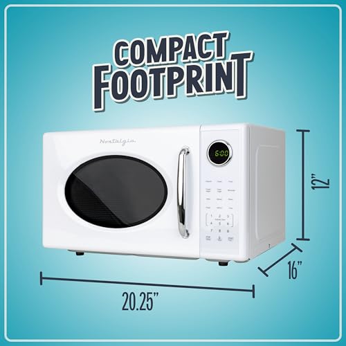 Nostalgia Retro 1000W Microwave Oven 1.1 Cu Ft Capacity – Child Safety Lock, 8 Auto-Cook Settings – Countertop Kitchen Appliance – White